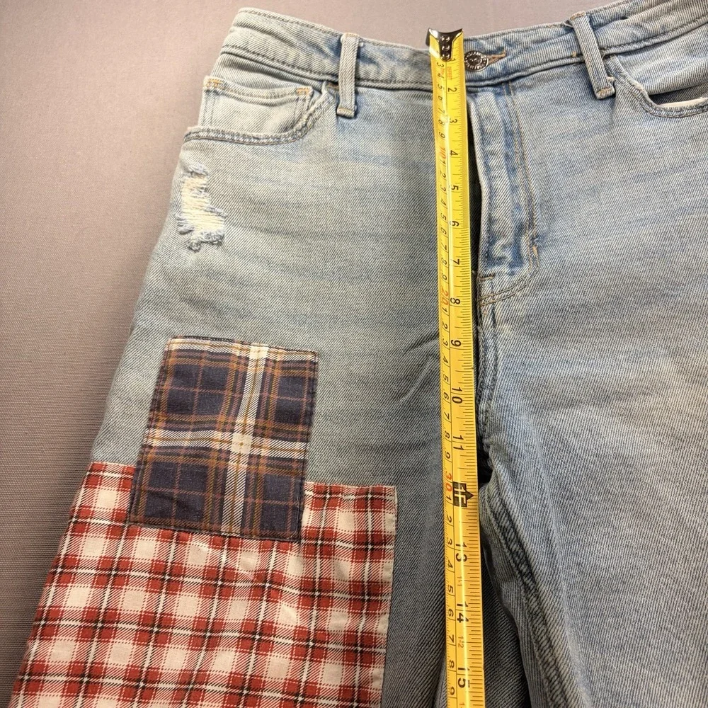 Hollister Ultra High Rise Dad Jeans 26 Plaid Patch Distressed Wide Leg Boho